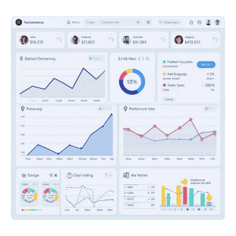 Dashboard de Looker Studio para Ecommerce mostrando KPIs de ventas, atribución y tráfico de GA4.